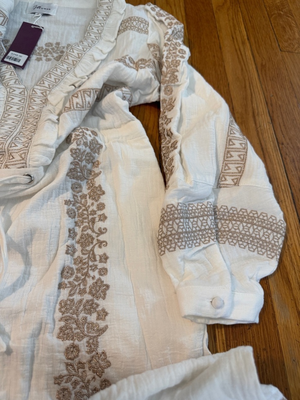 NWT JoFLOWER boutique bohemian cottagecore cream embroidered gold floral maxi S - Picture 5 of 6